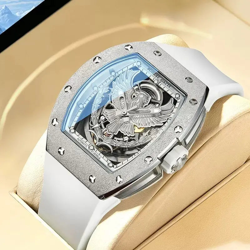 BONEST GATTI Luxury Men's Hollow Automatic Mechanical Watches Tonneau Sapphire Crystal Luminous Hollow Eagle Dial Rubber Straps