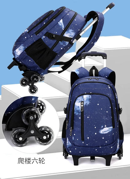 Mochila trolley 2 en 1 Fortnite con estampado de cielo estrellado, gran capacidad, impermeable, compartimento para portátil, diseño para subir escaleras, mochila escolar para estudiantes