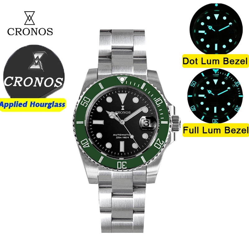 Cronos New 40mm Diver Men Watches Luxury Miyota9015 Automatic Mechanical Watch Sapphire Crytal Waterproof 200m AdjustClasp L6045