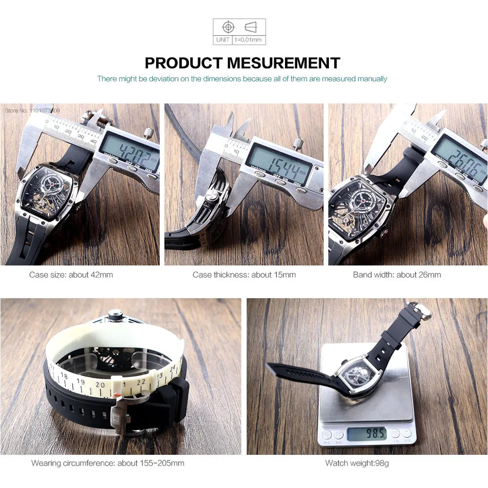 MINI FOCUS Herren-Armbanduhr, modisch, schwarz, wasserdicht, automatische mechanische Uhr mit Leuchtzeigern, Silikonarmband und Tonneau-Zifferblatt