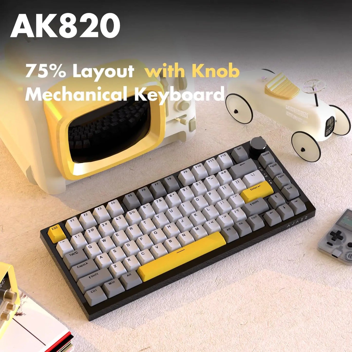 Teclado Mecânico com Fio AJAZZ AK820 75%: Hot-Swappable, Retroiluminação RGB/Branca/Azul-Gelo, Controlo por Botão de Volume | Para Escritório e Gaming