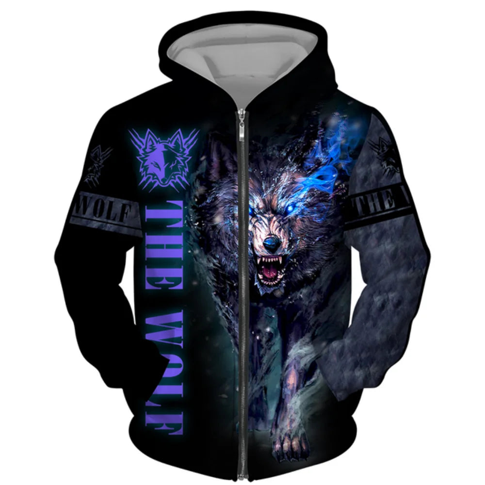 3D Wolf Print Men's Zipper Hoodies Fashion Animal Pattern Top Coat Street Punk Style Oversized Sweatshirts Outdoor Leisure Jackets