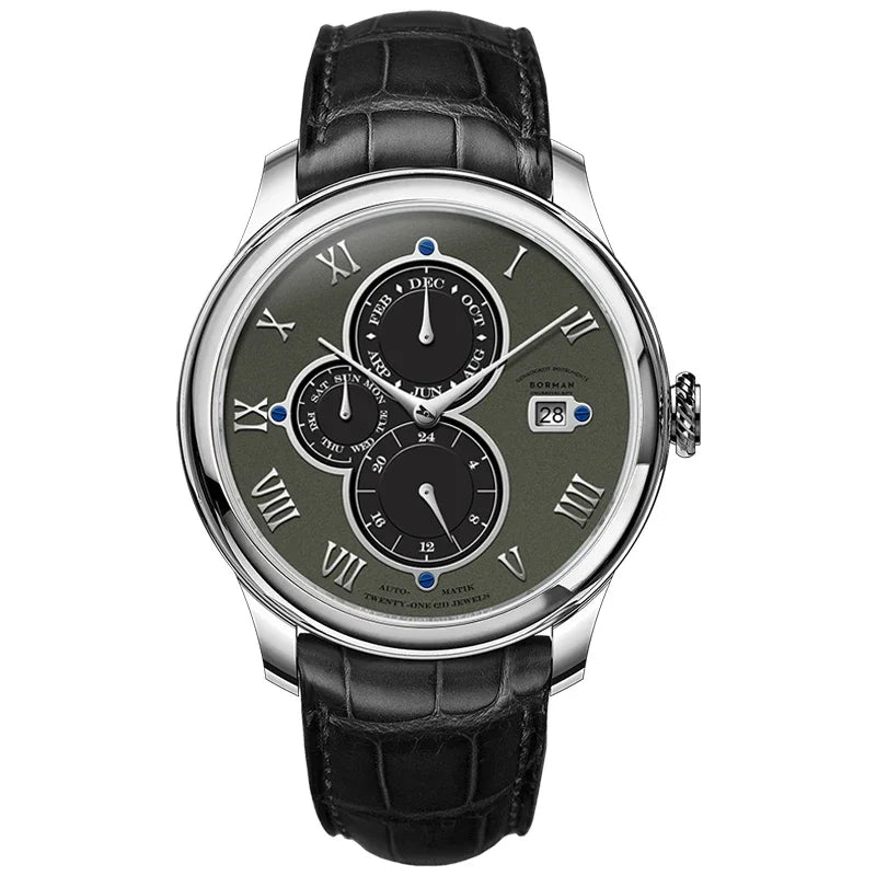 Luxury Brand BORMAN Automatic Mechanical Men's Watches Sapphire 50M Waterproof Multi-function Dial Retro Leather Clocks BM18011