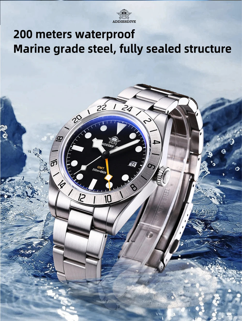 ADDIESDIVE Neue Luxus-Herrenuhr 200 wasserdichte Edelstahl-Quarzuhr BGW9 Super Blue Leucht-GMT-Edelstahluhr