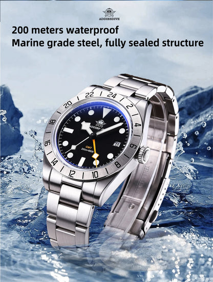 ADDIESDIVE Neue Luxus-Herrenuhr 200 wasserdichte Edelstahl-Quarzuhr BGW9 Super Blue Leucht-GMT-Edelstahluhr