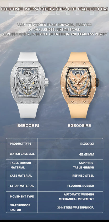 BONEST GATTI Luxury Men's Hollow Automatic Mechanical Watches Tonneau Sapphire Crystal Luminous Hollow Eagle Dial Rubber Straps