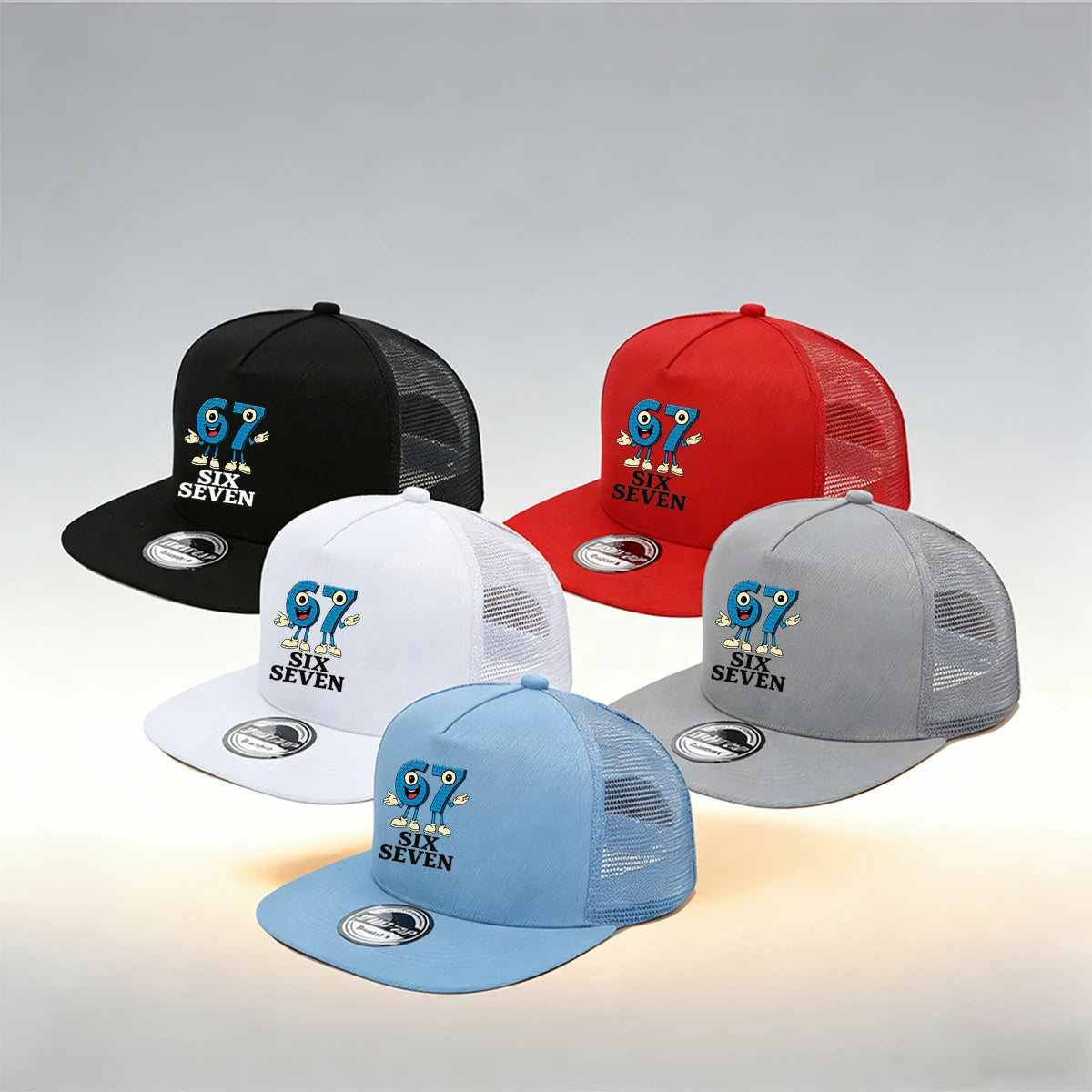 1/2PC Flat Brim Mesh Trucker Hat, Breathable, Cartoon 67 SIX SEVEN Anthropomorphic Print, Retro Streetwear for Men Women