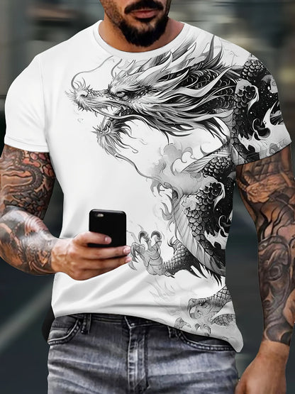 T-shirt da uomo con stampa drago, tessuto casual traspirante, maglietta grafica street style, moda outdoor, camicia a maniche corte da uomo