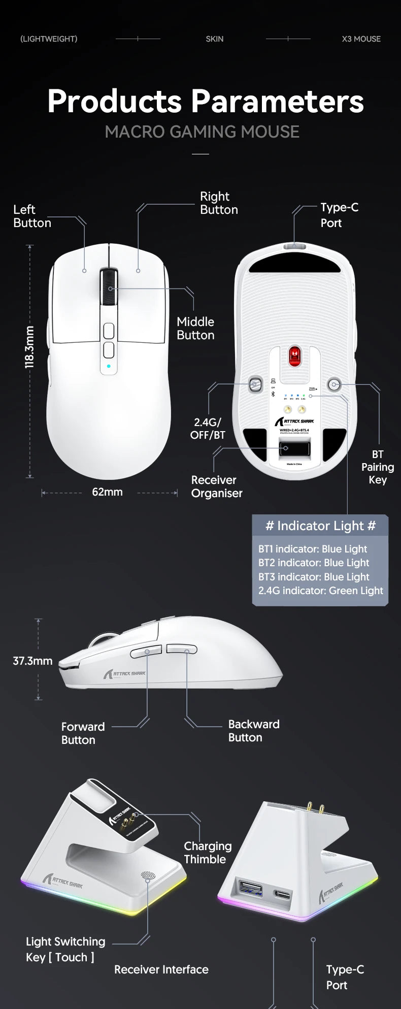 Attack Shark X6 Lightweight Wireless Gaming Mouse with 3 Mode Up to 26K DPI RGB Backlight Charging Base for Laptop Desktop