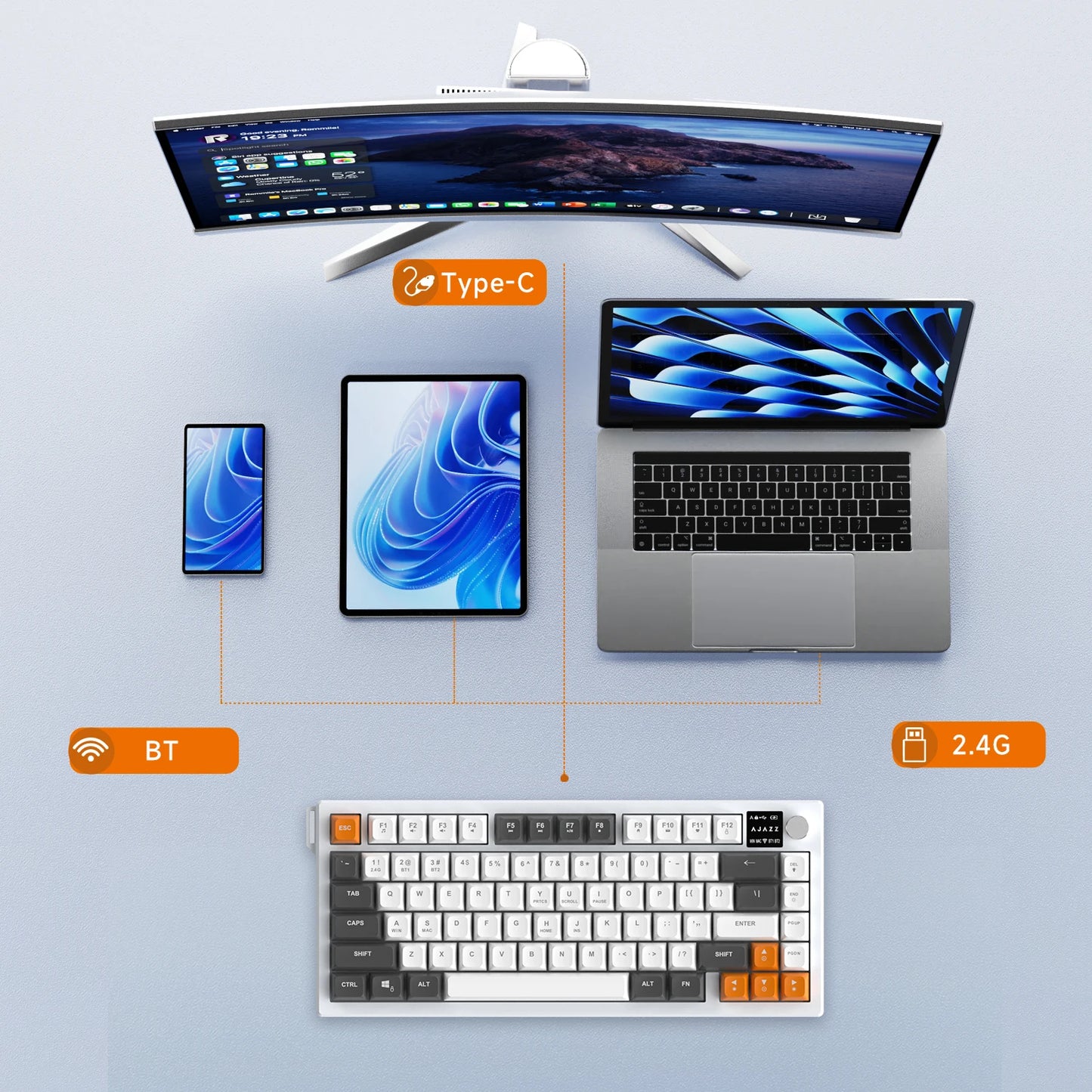 AJAZZ AF82 Low-Profile Electrostatic Keyboard 4000mAh Tri-Mode 75% Type-C Display Screen Keyboard Office Gaming E-sport