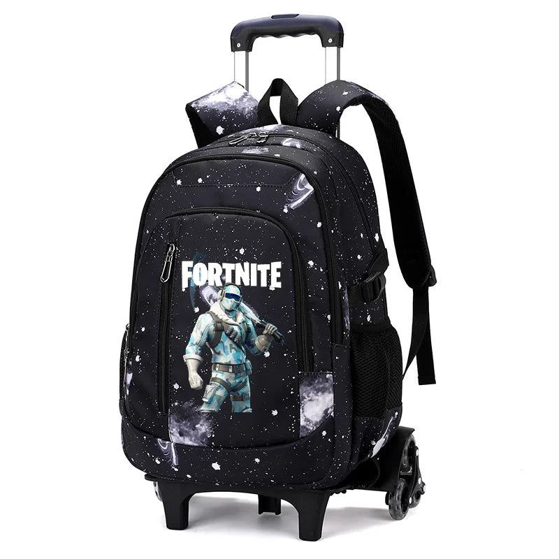 Mochila trolley 2 en 1 Fortnite con estampado de cielo estrellado, gran capacidad, impermeable, compartimento para portátil, diseño para subir escaleras, mochila escolar para estudiantes
