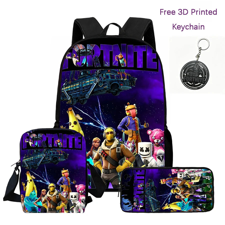 3-teiliges Kinder-Rucksack-Set, Umhängetasche & Federmäppchen, FORTNITE-Cartoon-Tasche, leicht, für Jungen und Mädchen von 6-10, kostenloser 3D-gedruckter Schlüsselanhänger
