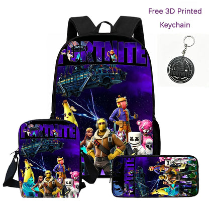 3-teiliges Kinder-Rucksack-Set, Umhängetasche & Federmäppchen, FORTNITE-Cartoon-Tasche, leicht, für Jungen und Mädchen von 6-10, kostenloser 3D-gedruckter Schlüsselanhänger
