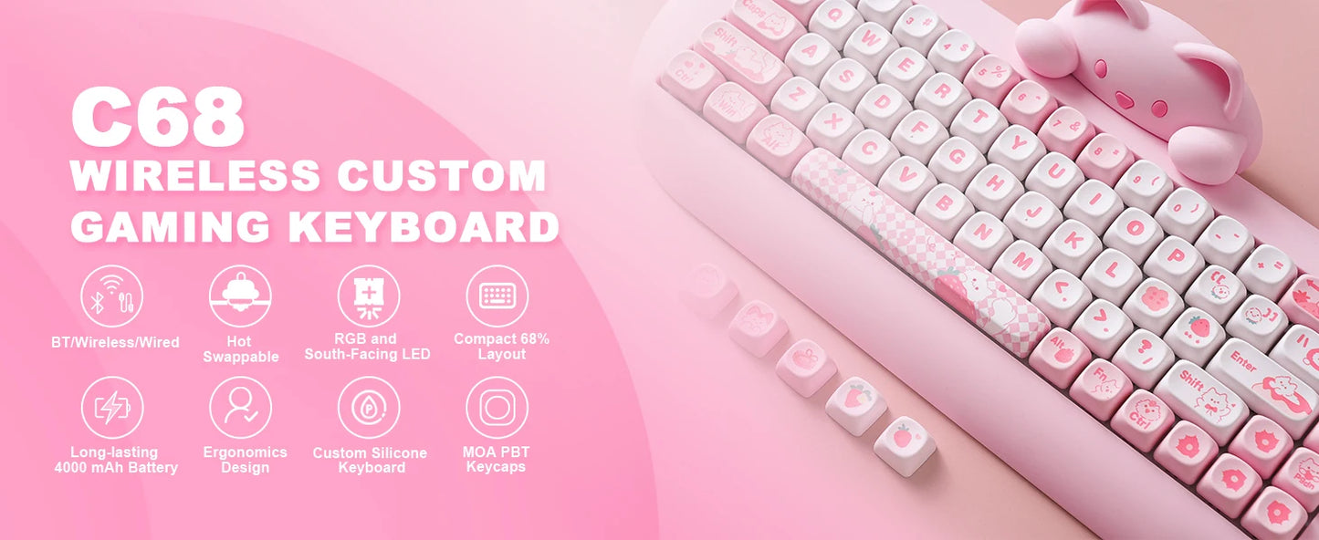 YUNZII C68 Pink 65% Hi-Fi Cute Cat Silicone Hot Swap NKRO Ergonomic Wireless BT5.0/2.4G/Wired RGB Mechanical Gaming Keyboard