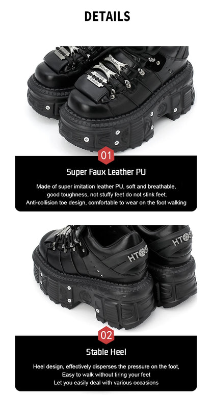 2026 New Punk Style Women Shoes Lace-up Heel Height 6CM Platform Shoes Woman Gothic Ankle Rock Boots Metal Decor Woman Sneakers