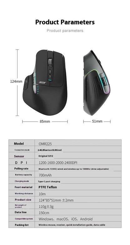 Acer Omr225 Gamer Mouse 3-mode Bluetooth Wireless Mouse Dual Scroll Ergonomic Mouse Custom Programming Gaming Mice Office Mice
