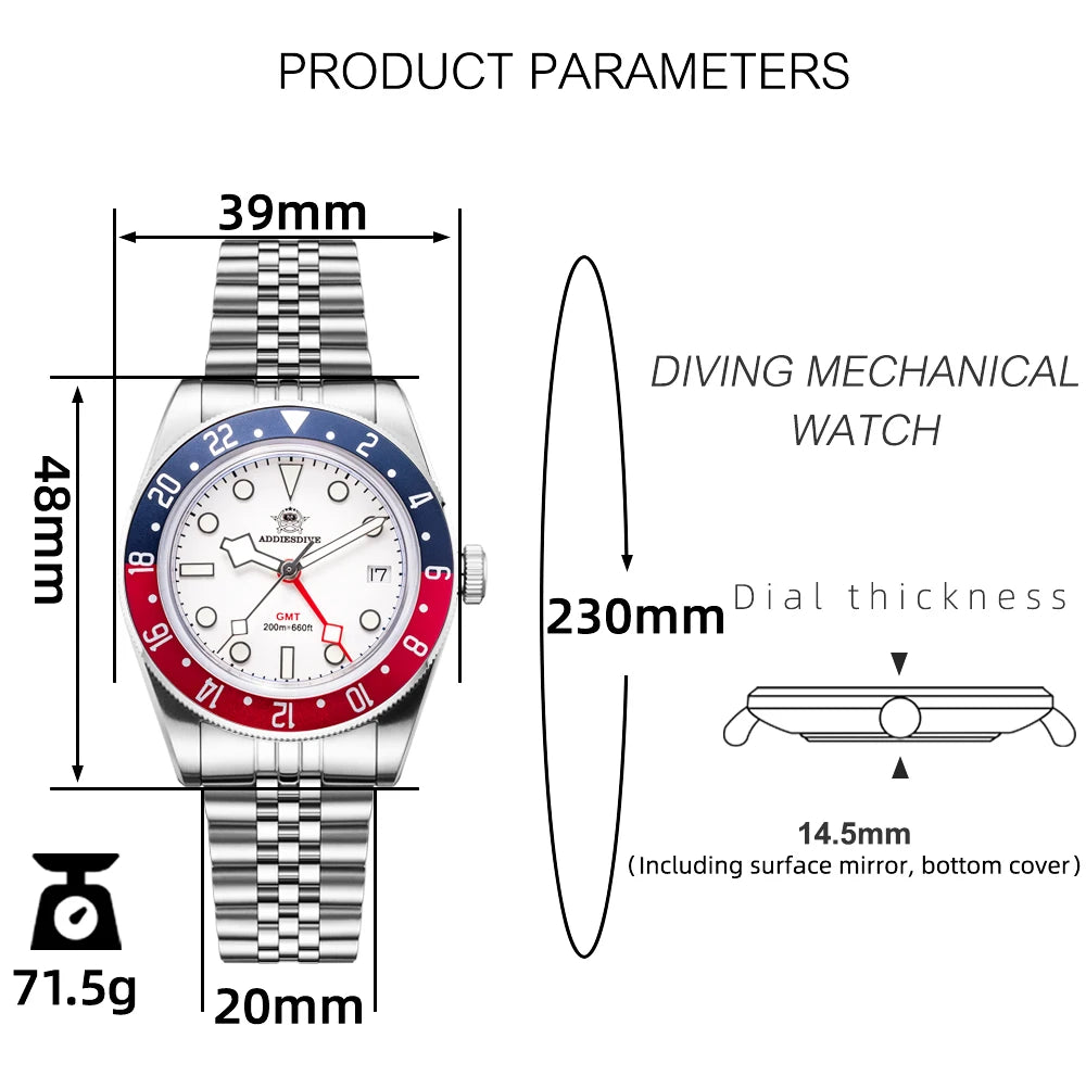 ADDIESDIVE Luxury GMT Men's Diving Watch 200m Waterproof Bubble Mirror Glass Quartz Watch BGW9 Blue Luminous Sports Watch AD2044