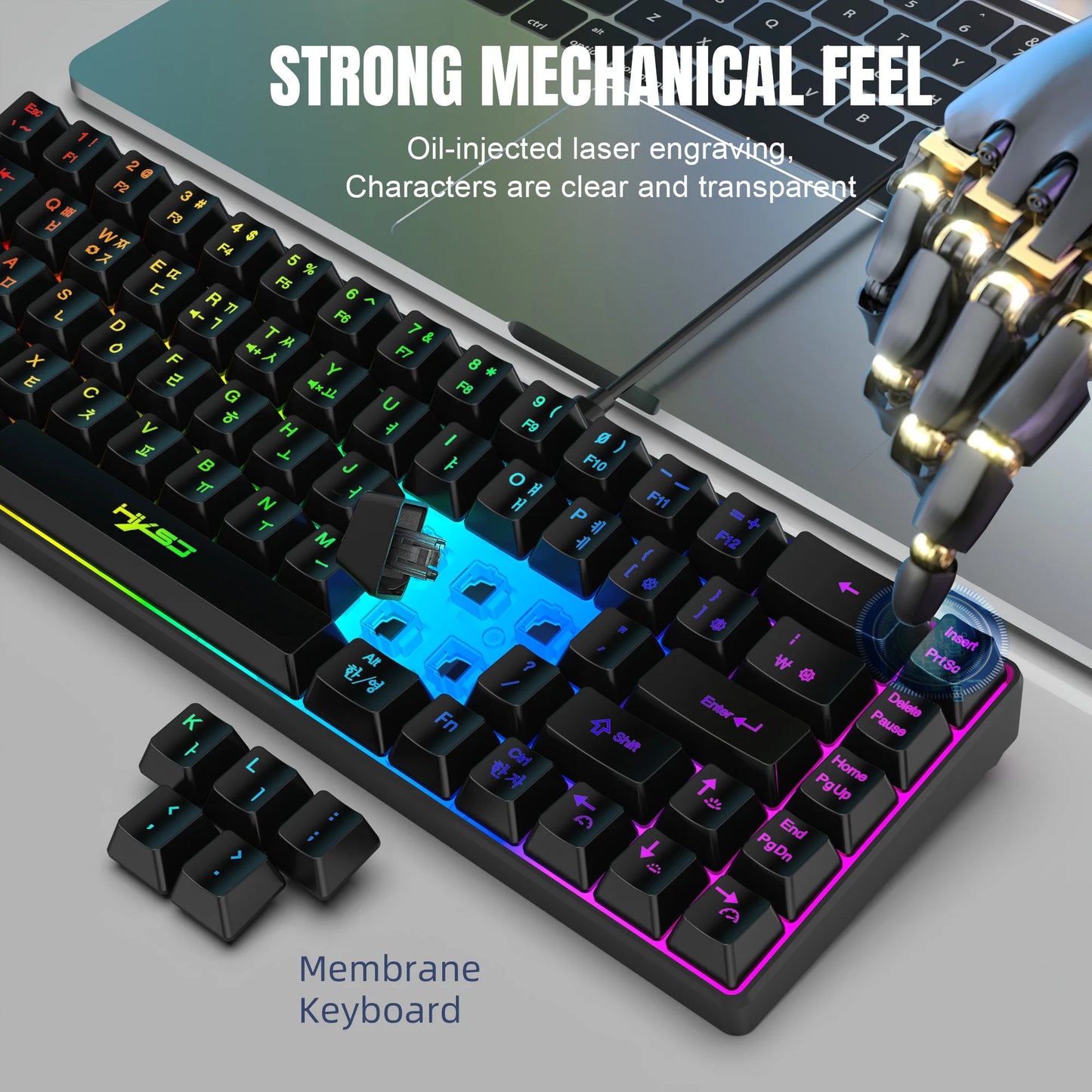 68 Keys Gaming Keyboard USB Wired Portable 20 RGB Backlight Korean Keyboard for Windows Laptops Computer