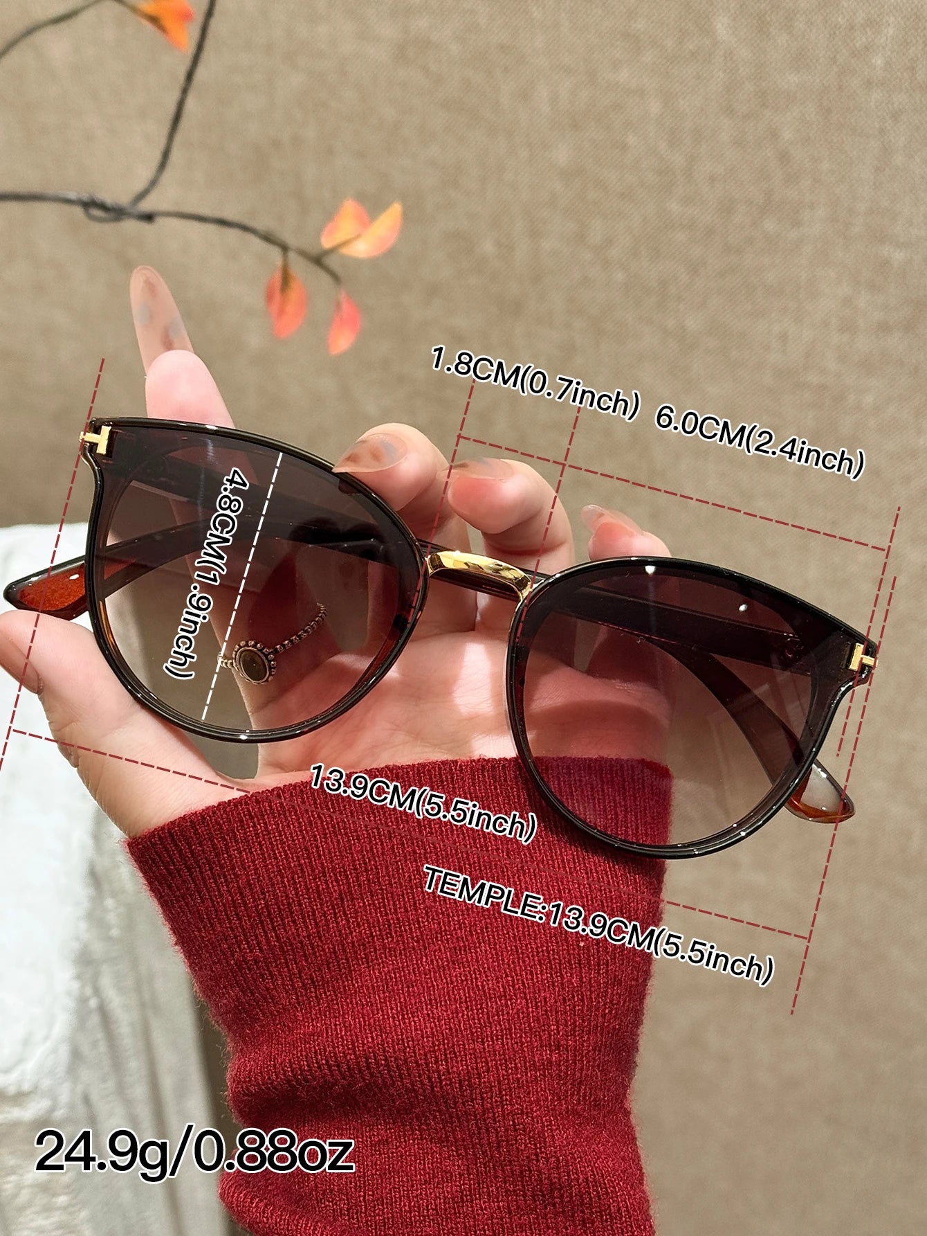 1Pc Light Luxury Tea Brown Frame Gold Label Women's Sunglasses, Uv Protection, Versatile for Daily Commuting and Vacation