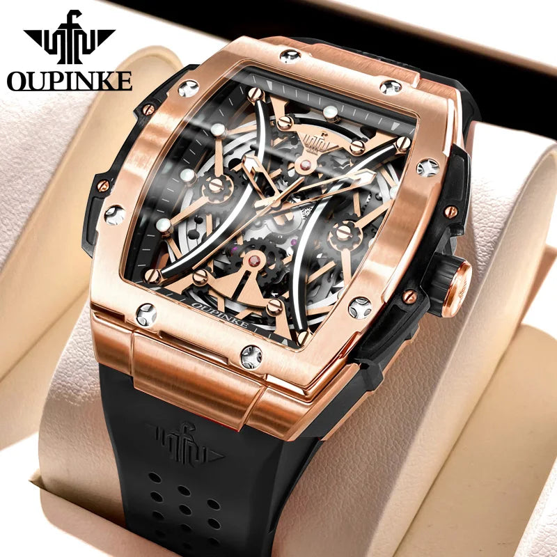 OUPINKE Men's Watches Classic Luxury Tonneau Dial Top Brand Original Automatic Mechanical Wristwatch Silicone Strap Sapphire New