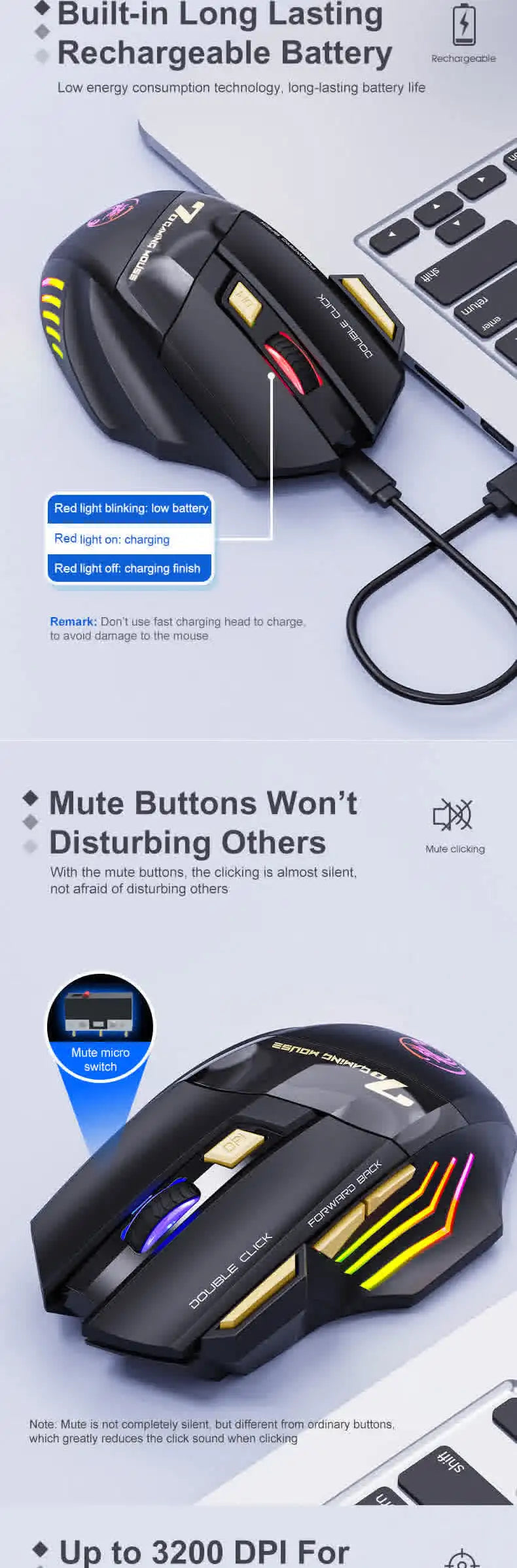 Wireless Mouse Bluetooth Wireless Mouse Rechargeable Computer Mouse Gamer Ergonomic Gaming Mause RGB Backlit Silent Mice For PC