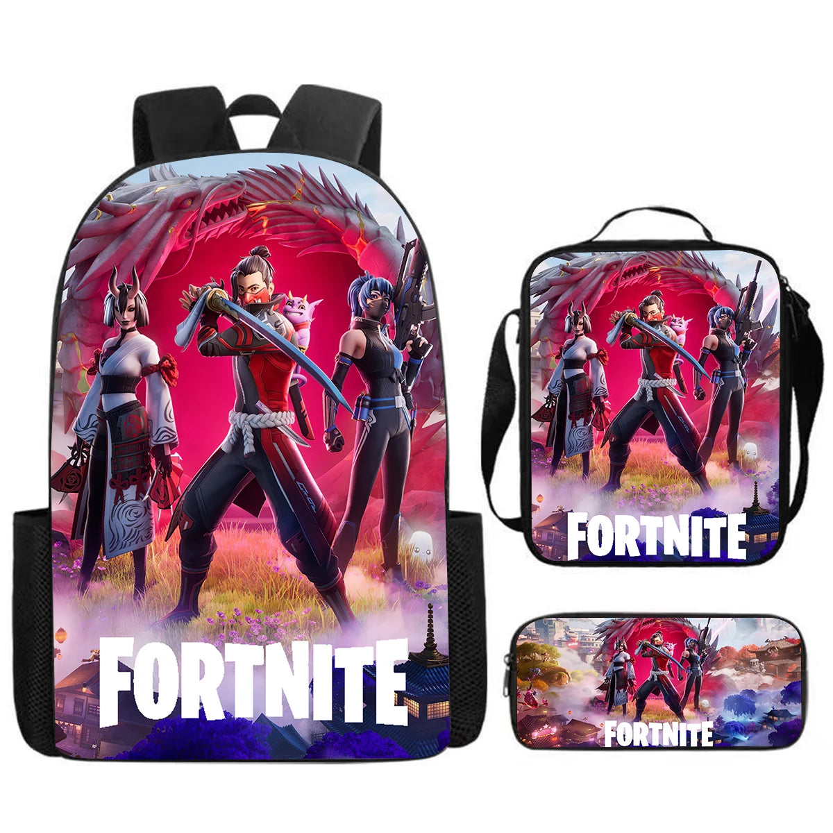 Fortnite Cartoon 3-teiliges Set, großes Fassungsvermögen, geeignet für Jungen und Mädchen von 5-8 Jahren, inklusive Rucksack, Lunchbag und Federmäppchen