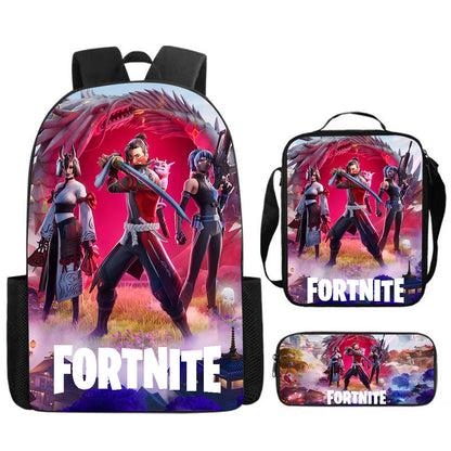 Fortnite Cartoon 3-teiliges Set, großes Fassungsvermögen, geeignet für Jungen und Mädchen von 5-8 Jahren, inklusive Rucksack, Lunchbag und Federmäppchen
