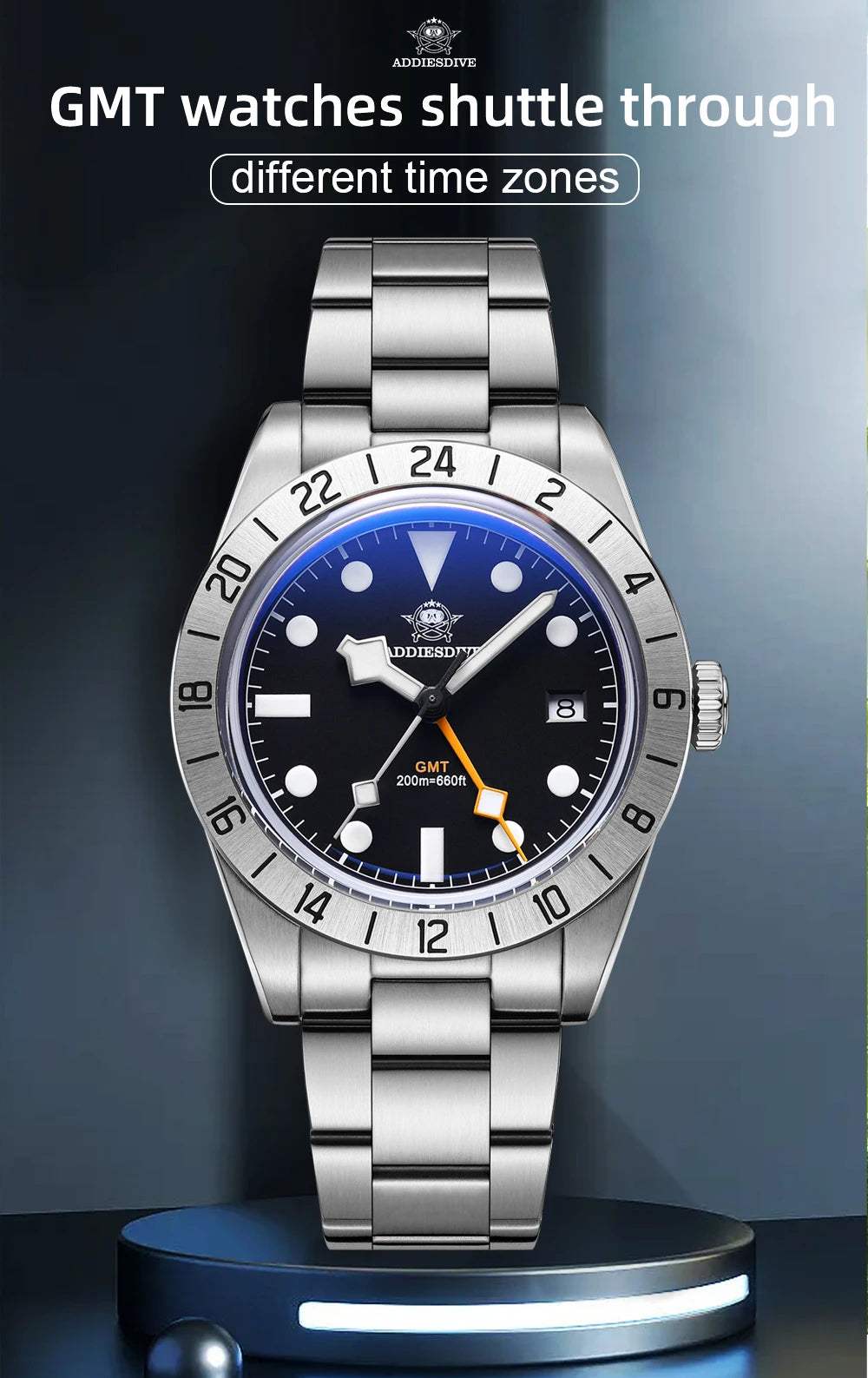 ADDIESDIVE Neue Luxus-Herrenuhr 200 wasserdichte Edelstahl-Quarzuhr BGW9 Super Blue Leucht-GMT-Edelstahluhr