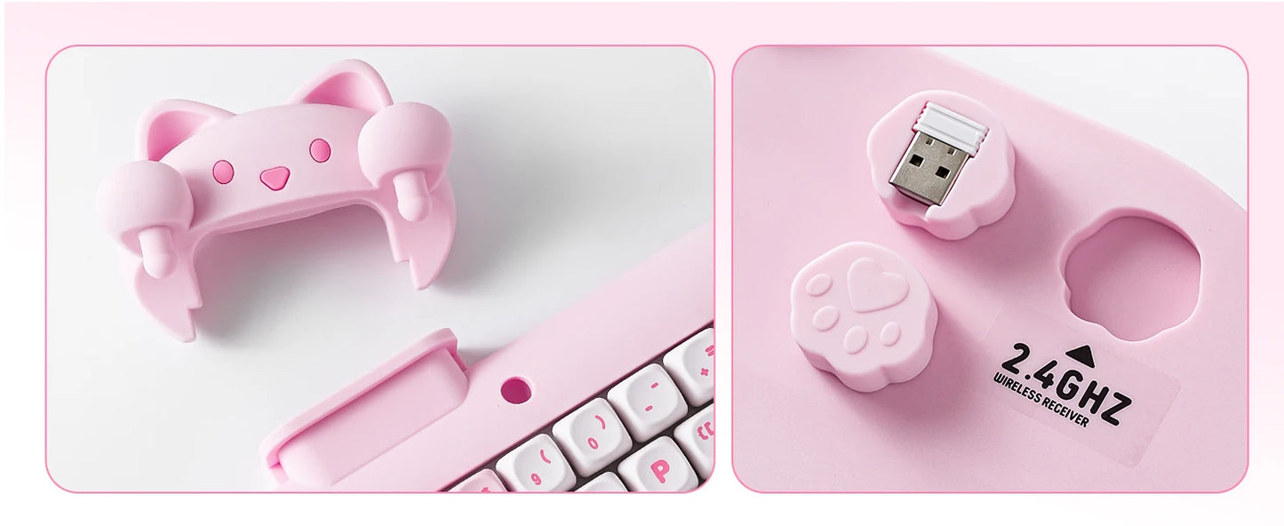 YUNZII C68 Pink 65% Hi-Fi Cute Cat Silicone Hot Swap NKRO Ergonomic Wireless BT5.0/2.4G/Wired RGB Mechanical Gaming Keyboard