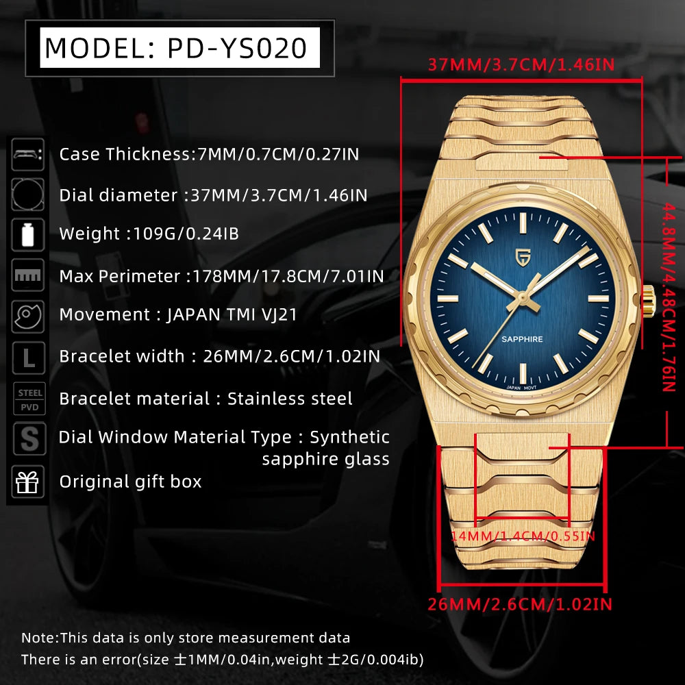PAGANI DESIGN Men's Quartz Watches Ultra-Thin 7mm Series 37mm Sapphire Stainless Steel Waterproof Watches for Men TMI VJ21