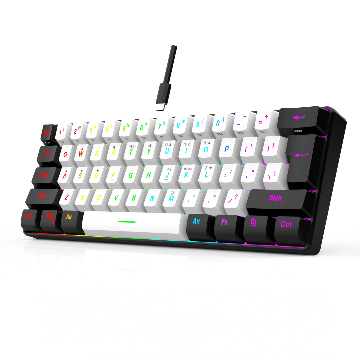 Wasserdichte mechanische 61-Tasten-Tastatur mit Kabel in Weiß, mit schwarzen und blauen Switches, RGB-beleuchtet – Gaming- und Office-Set, PUBG Gamer Backlit