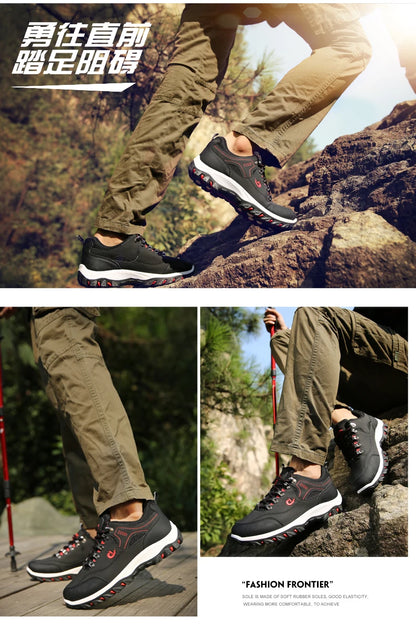 Autumn and Winter Men's Waterproof Hiking Shoes, Outdoor PU Leather Sports Shoes, Wear-Resistant, Walking, Tactical