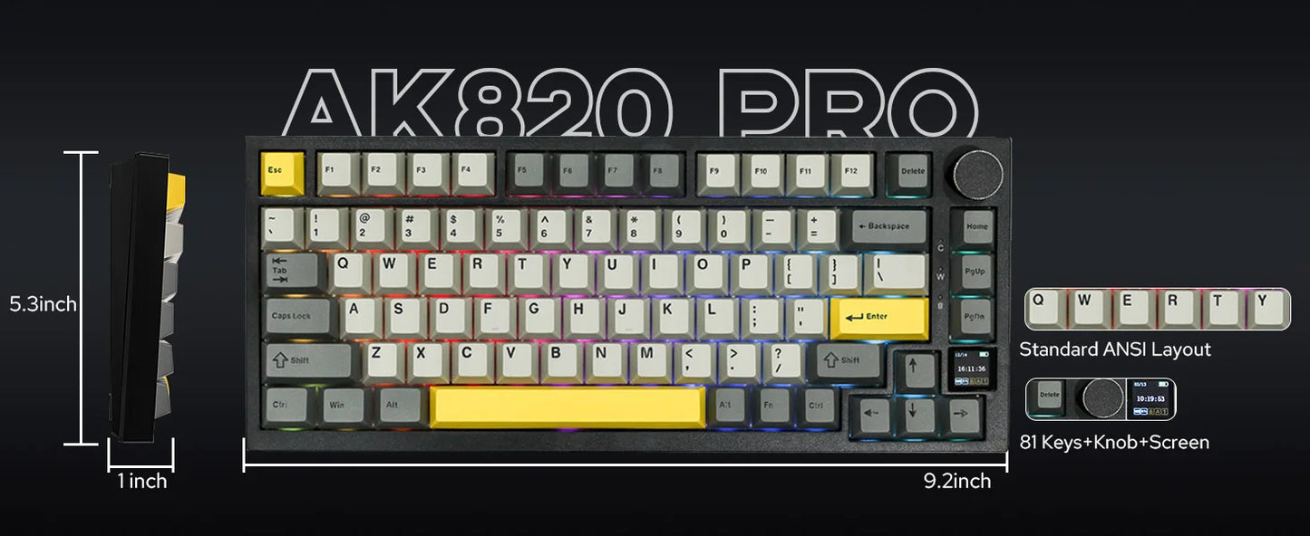 Ajazz AK820 Pro 75% Bluetooth 5.1/2.4G Wireless/Wired Gasket-mounted Mechanical Keyboard with TFT Screen for Mac/Win