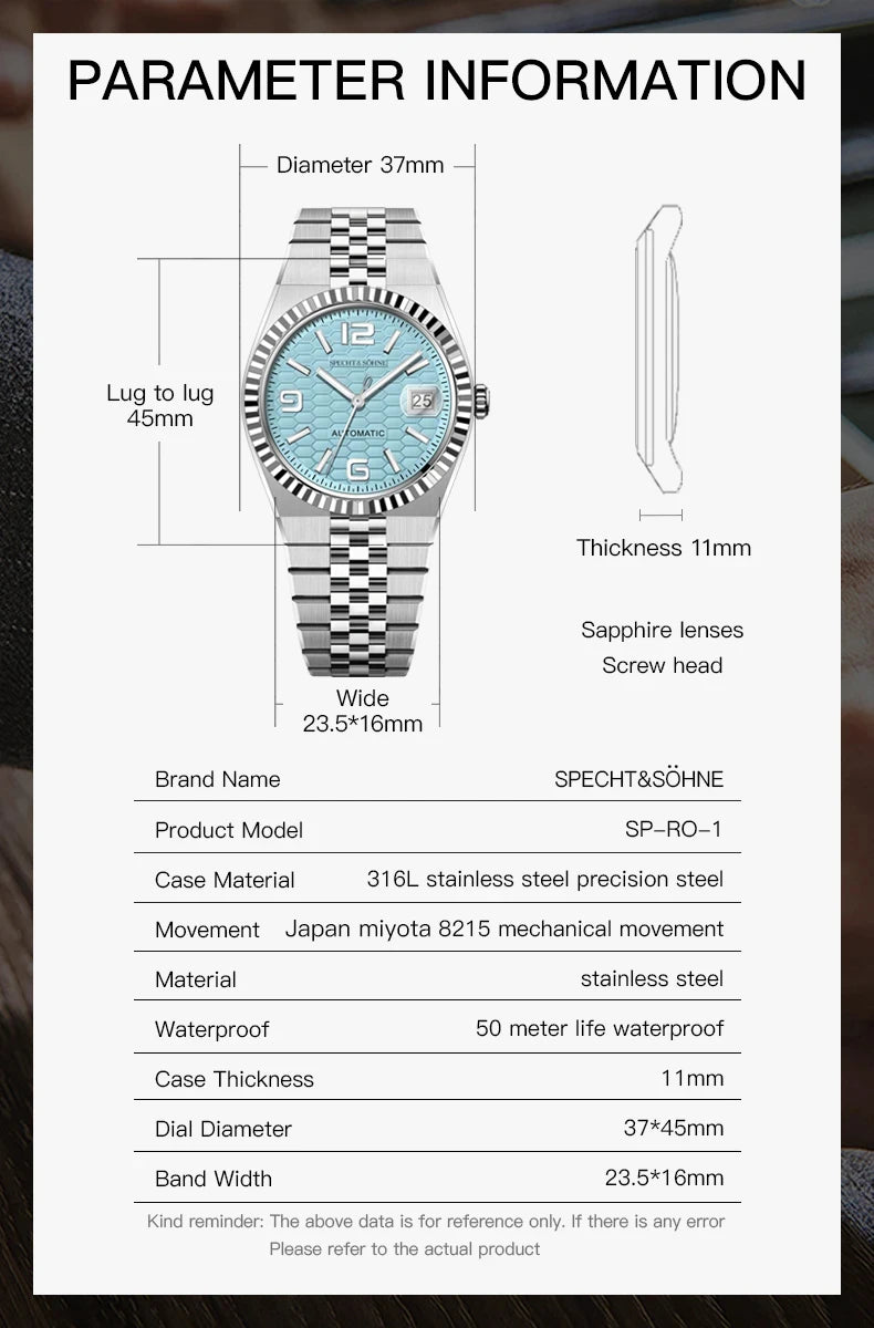 2025 Specht & Söhne Men's Automatic Mechanical Watch Japan Miyota 8215 Movt Stainless Steel Sapphire Crystal Watch reloj hombre