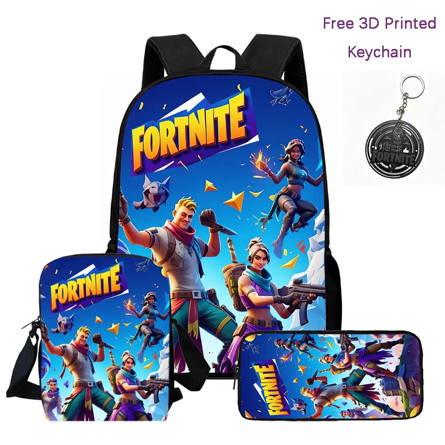3-teiliges Kinder-Rucksack-Set, Umhängetasche & Federmäppchen, FORTNITE-Cartoon-Tasche, leicht, für Jungen und Mädchen von 6-10, kostenloser 3D-gedruckter Schlüsselanhänger