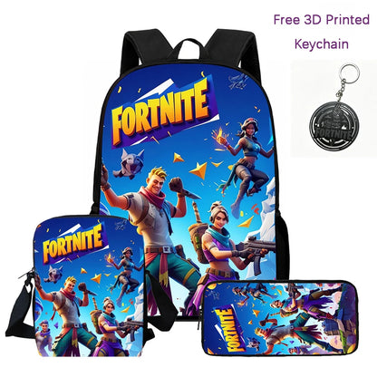 3-teiliges Kinder-Rucksack-Set, Umhängetasche & Federmäppchen, FORTNITE-Cartoon-Tasche, leicht, für Jungen und Mädchen von 6-10, kostenloser 3D-gedruckter Schlüsselanhänger