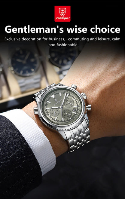 POEDAGAR Fashion Men's Quartz Watch Stainless Steel Waterproof Luminous Man Watch Chronograph Date Multifunction Watches For Men