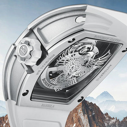 BONEST GATTI Luxury Men's Hollow Automatic Mechanical Watches Tonneau Sapphire Crystal Luminous Hollow Eagle Dial Rubber Straps