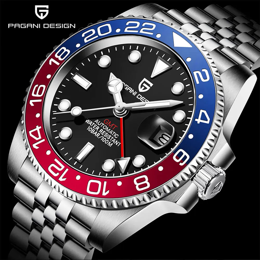 PAGANI DESIGN Men Watch GMT40mm Mechanical Watch Top Brand Sapphire Glass Stainless Steel Waterproof Clock RelogioMasculino gift