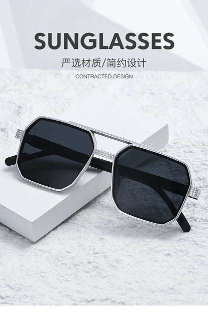Trendy Women Luxury Polygonal Sunglasses Double Beam Men Metal Sunglass Outdoor Driving Shade Unisex