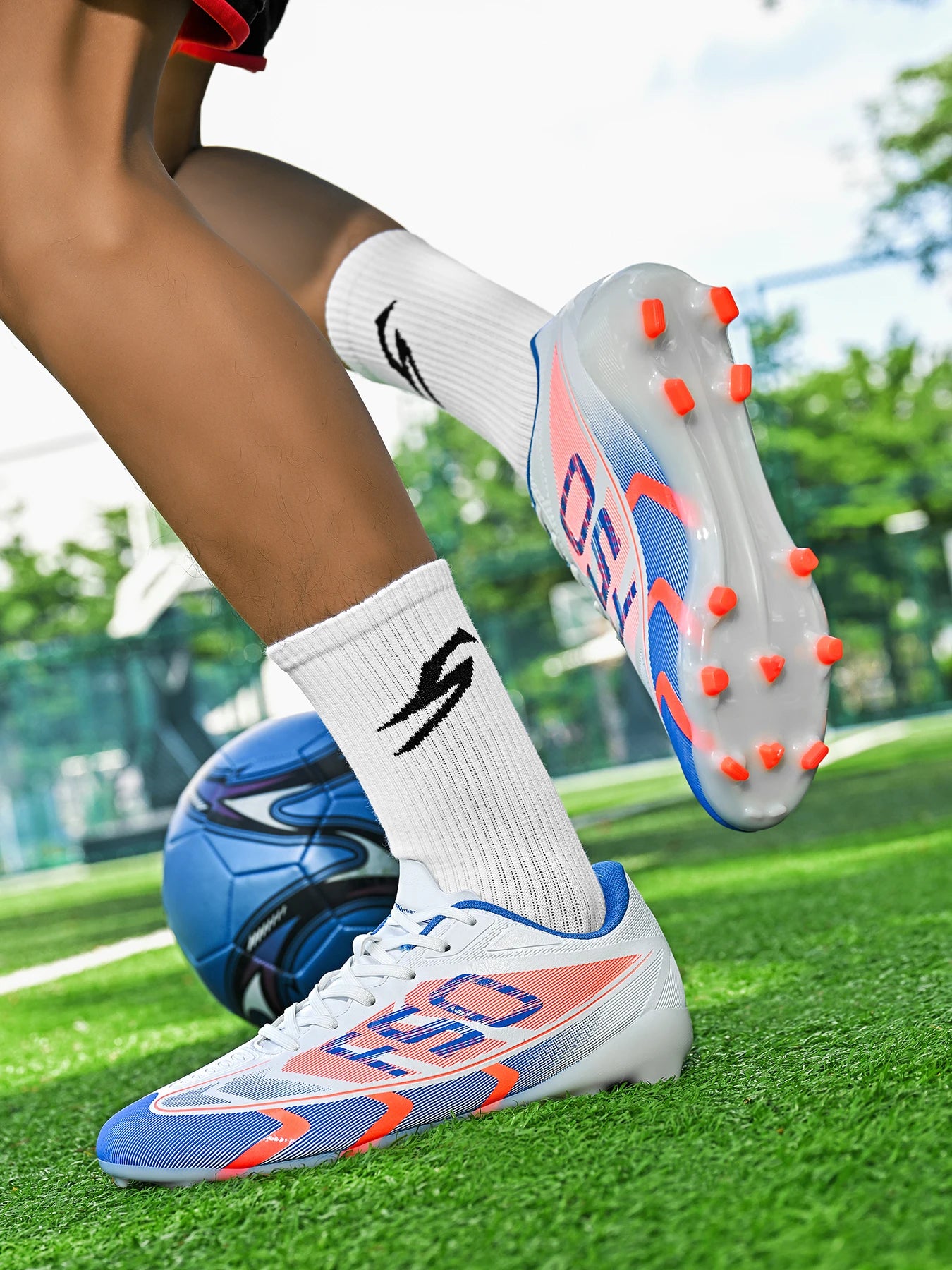 Unisex AG FG Soccer Shoes PU Woven Fabric Upper TPU Shockproof Sole Wear-Resistant Anti-Slip Teenager Competition Sneakers
