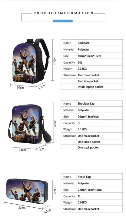 Fortnited 3PCS Backpack for Boys Victory Game 16 Inch Water Resistant Preschool Knapsack Cool Elementary School Backpacks