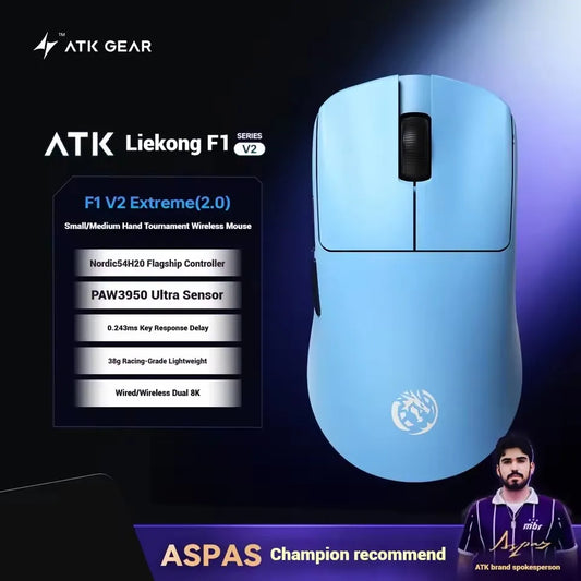 Mouse gaming wireless ATK Blazing Sky F1 V2 Ultra Max dual-mode leggero PAW3950Ultra Dual 8K a bassa latenza ergonomico estremo