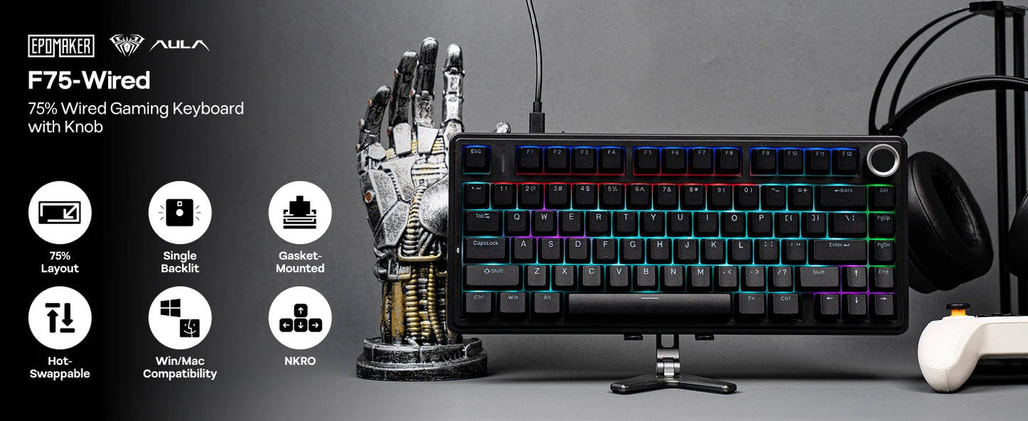 EPOMAKER x AULA F75 kabelgebundene mechanische Hot-Swap-Tastatur 75% ANSI US-Layout mit Gasket-Mount und Drehregler für Mac/WIN/Android