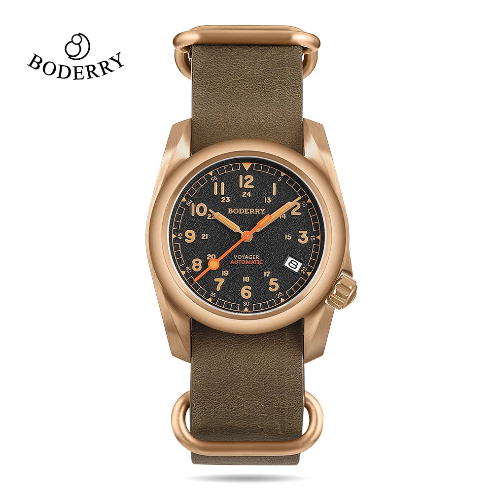 Boderry VOYAGER Field Watches Bronze Case Automatic For Seiko NH35 Watch 100M Waterproof Clock Military Vintage Wristwatch Mens