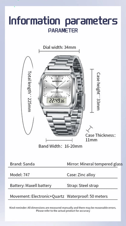 SANDA 747 Luxury Mens G Style Watches Stainless Steel Women LED Digital Dual Display Clock Unisex Waterproof Sports Quartz Watch