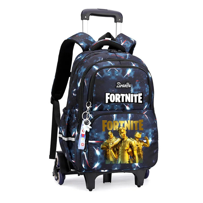 Fortnite-Trolleytasche – leichtes Treppensteigen, Anime-Design, wasserfester Rucksack mit Rollen, großes Fassungsvermögen, Schultasche für Schüler, lässige Reisetasche