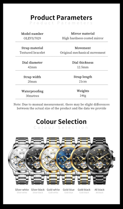 OLEVS Men's Watches Moon Phase Hollow Flywheel Exclusive Original Automatic Mechanical Watches For Men Luxury Man Watch New 7029