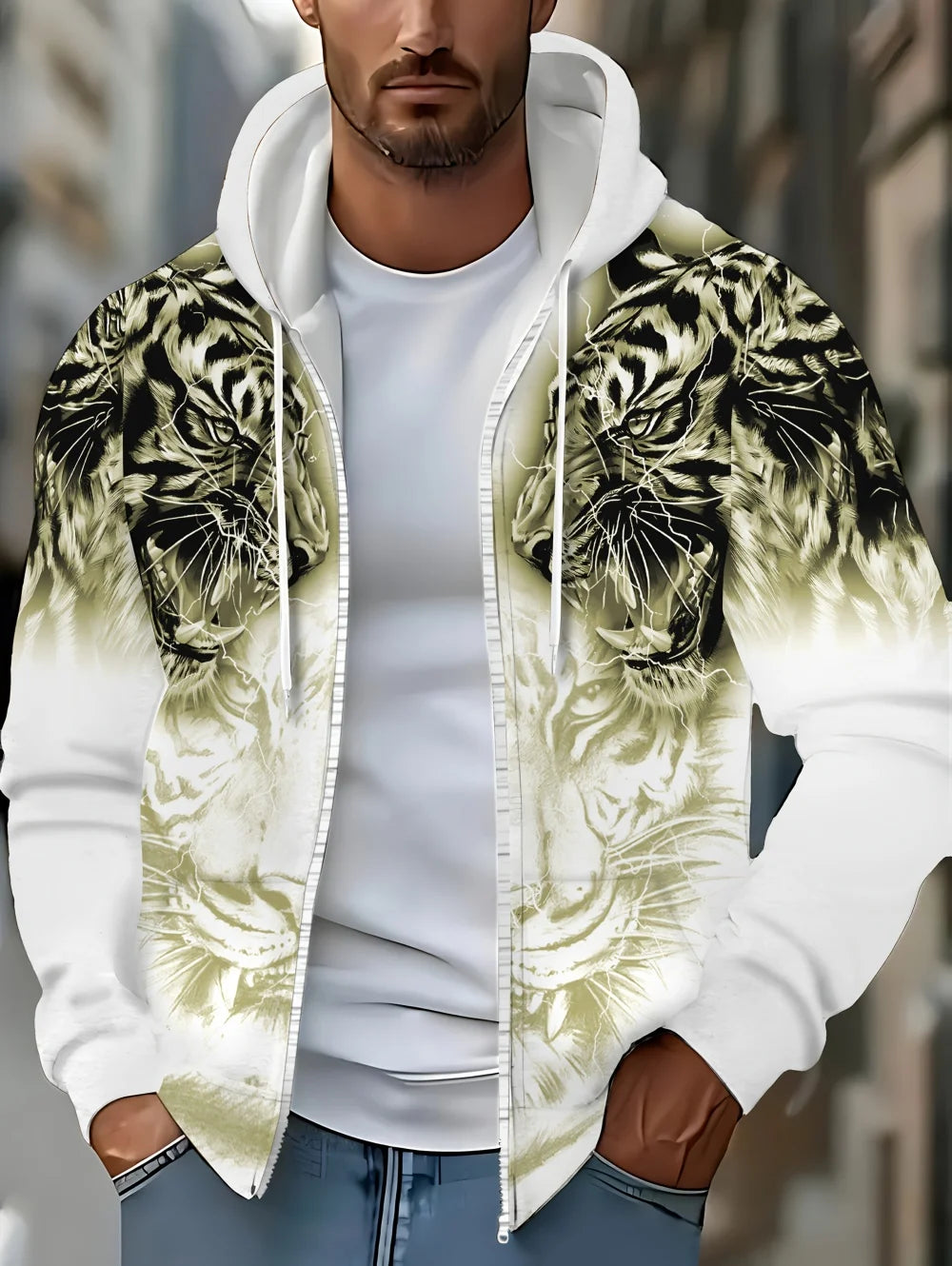 2025 Men's Long Sleeve Zip-up Tiger Graphic Hoodie Casual Outdoor Fashion Coat with Drawstring and Pockets Zip-up Hoodie for Men