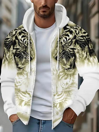 2025 Men's Long Sleeve Zip-up Tiger Graphic Hoodie Casual Outdoor Fashion Coat with Drawstring and Pockets Zip-up Hoodie for Men